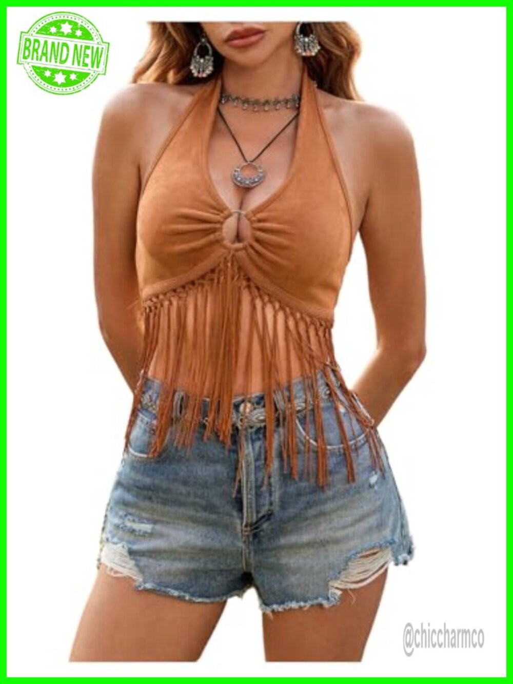 Boho Ring Linked Fringe Trim Halter Crop Top Sleeveless Open Back